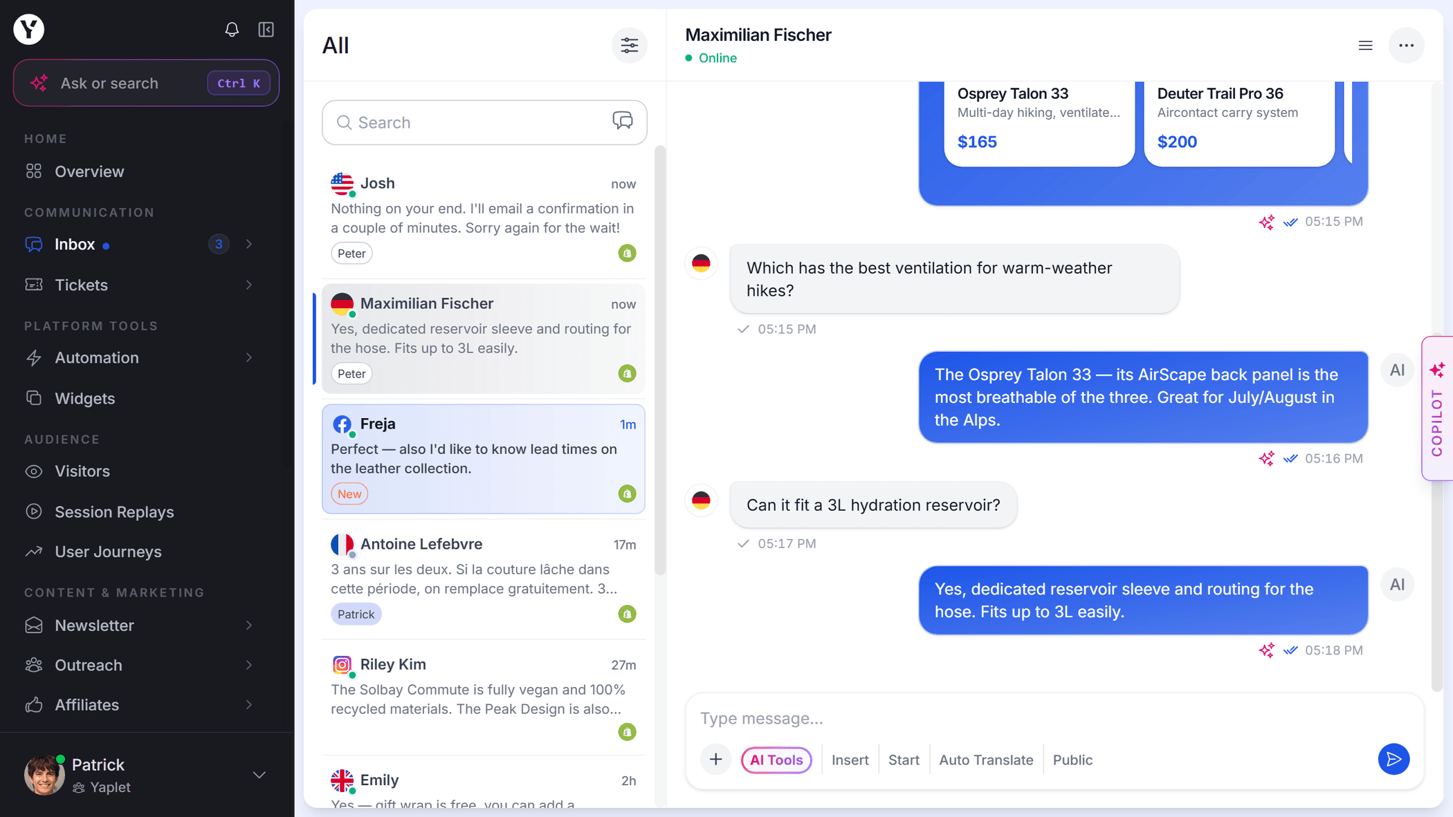 Yaplet inbox showing a live customer conversation